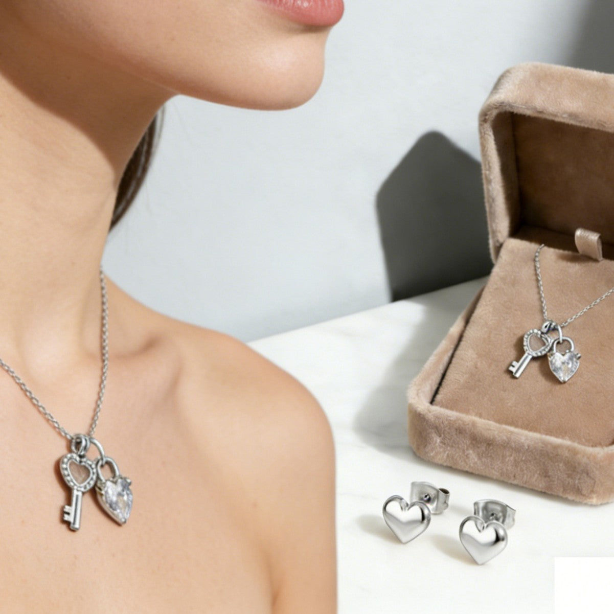 Minimalist Stainless Steel Heart Key Necklace and Earring Set Plated Jewelry for Women