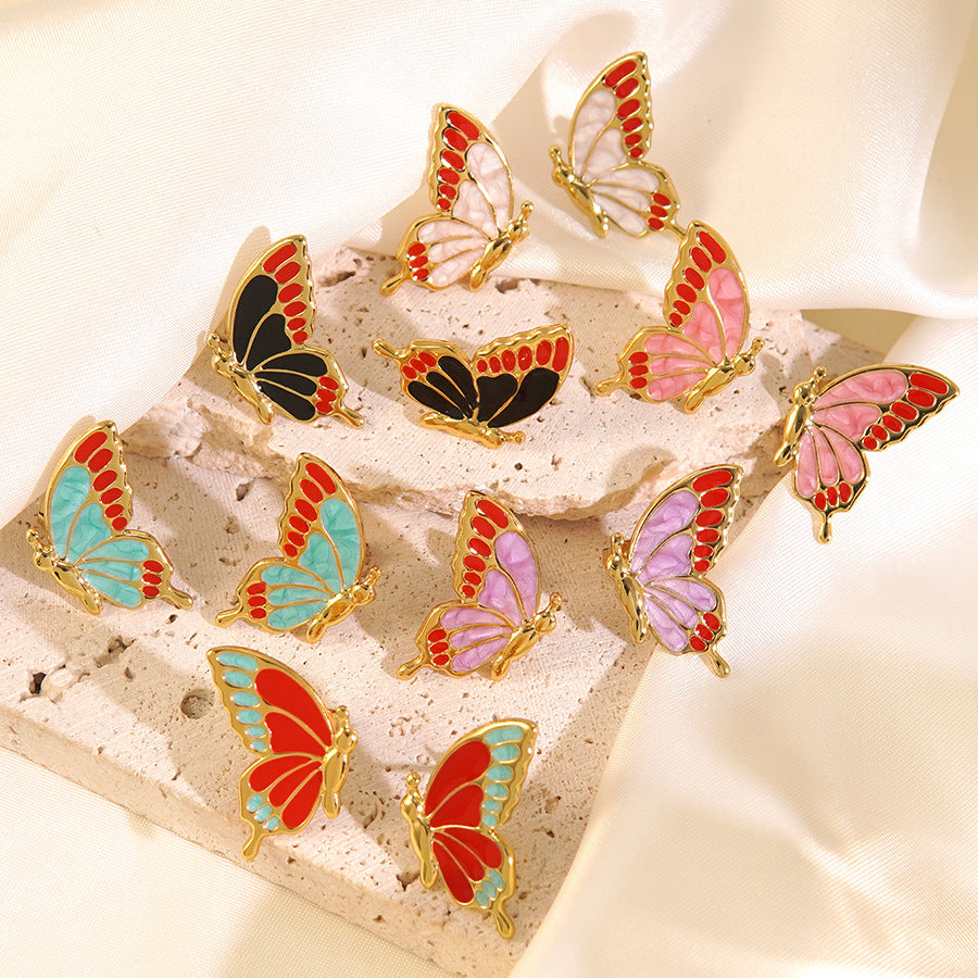 Sweet Minimalist Butterfly Drip Oil Stainless Steel Earrings for Women