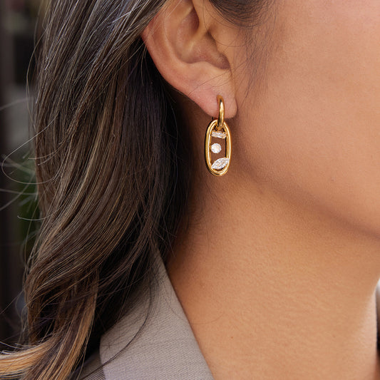 Pendientes Geométricos de Acero Inoxidable con Baño de Oro de 18K y Detalles de Zirconia para Mujer, Lujo, Moda, Uso Diario