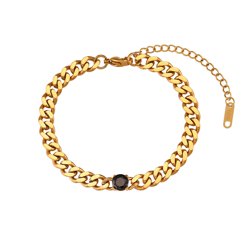 Fashion Geometric 18K Gold Plated Stainless Steel Cuban Chain Necklace with Round Zircon for Women