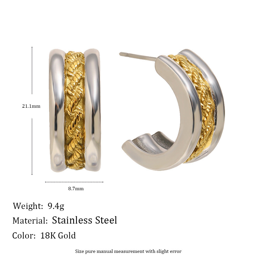 Elegant Luxury-Style Geometric C-Shaped Twisted Hoop Earrings for Women in Stainless Steel with 18K Gold Plating