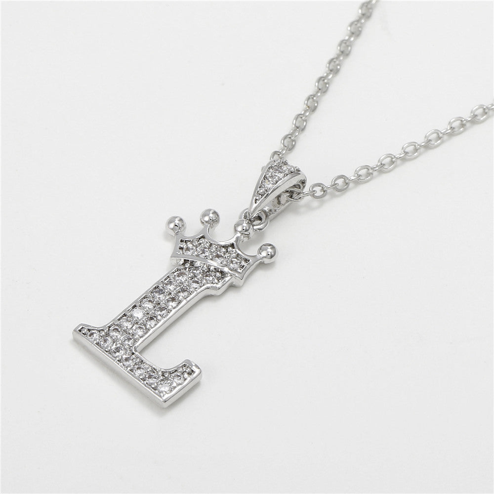 Minimalist White Gold Plated Crown Letter Pendant Necklace with Micro-Pave Cubic Zirconia for Women