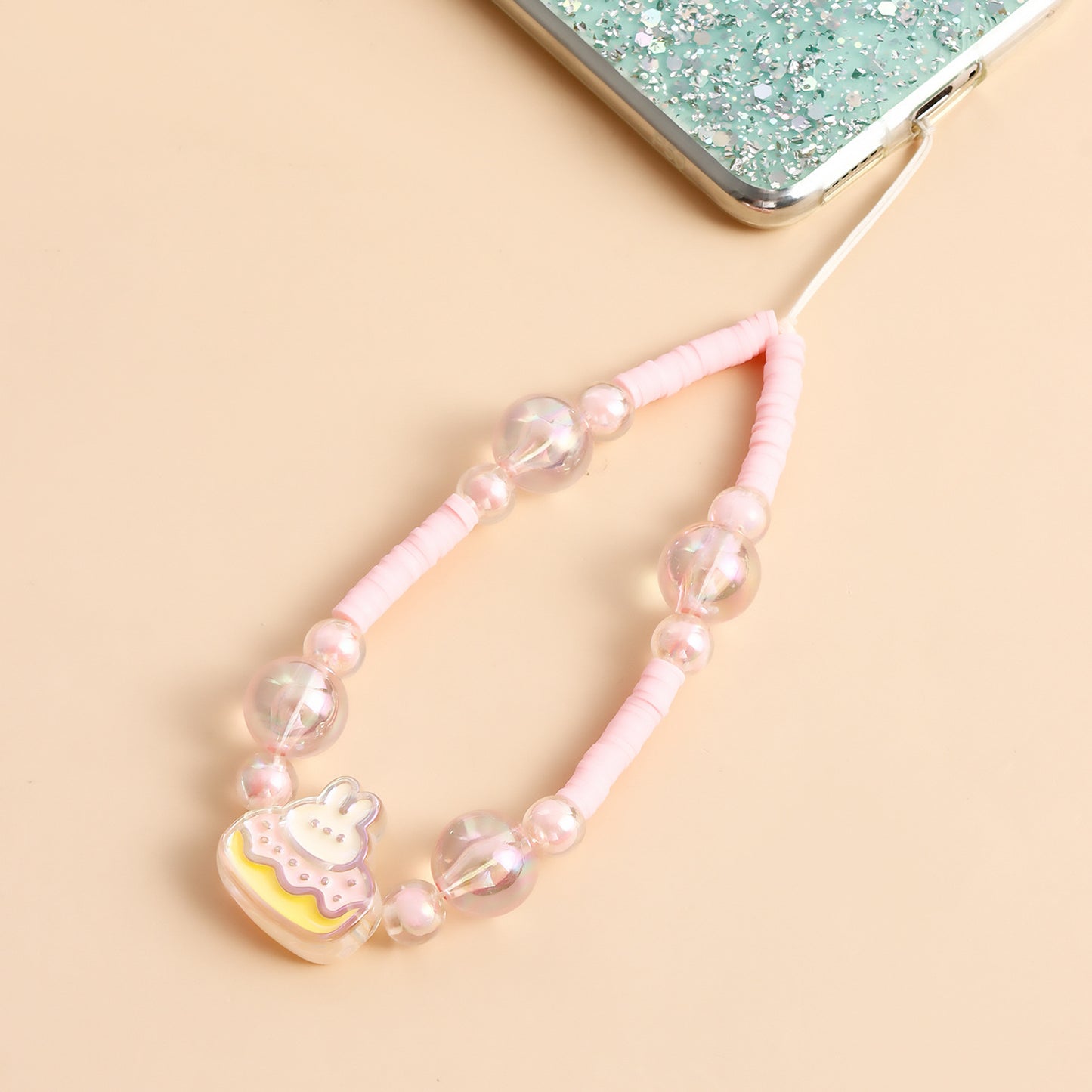 Sweet Colorful Acrylic Beaded Phone Chain with Heart Teardrop and Round Charms