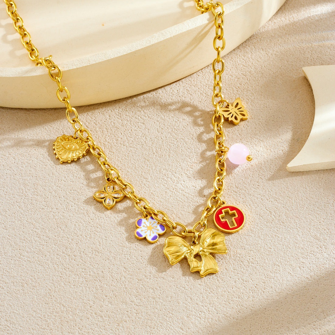 Chic Gold Plated Drip Oil Heart Floral Star Round Stainless Steel Pendant Necklace for Women