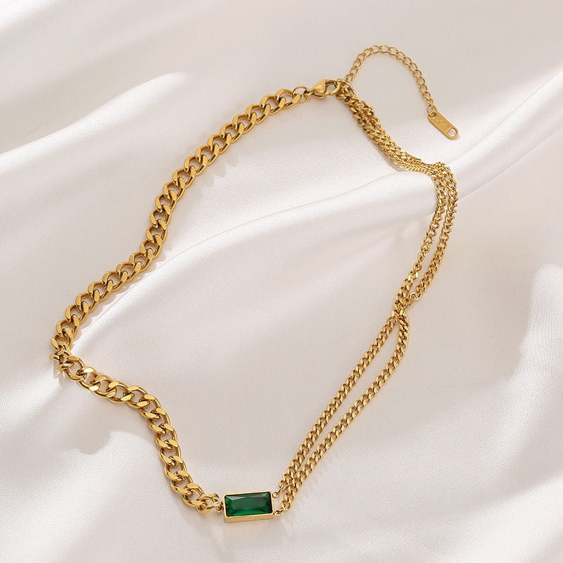 Vintage Geometric Titanium Steel Plated Double-Layer Clavicle Necklace with Emerald Zircon Accents