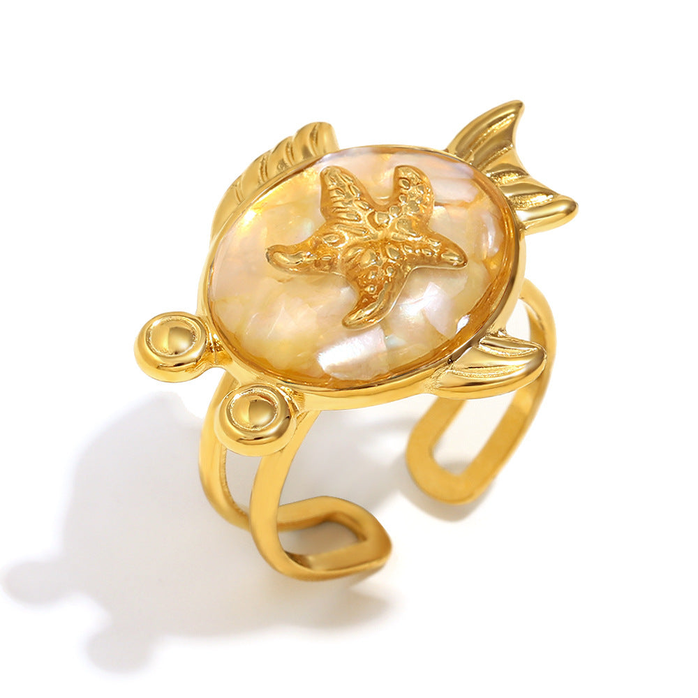 Fashion Geometric Stainless Steel Ring with 18K Gold Plating Featuring Crossed Lines Fishbone Floral Crab and Turtle Motifs