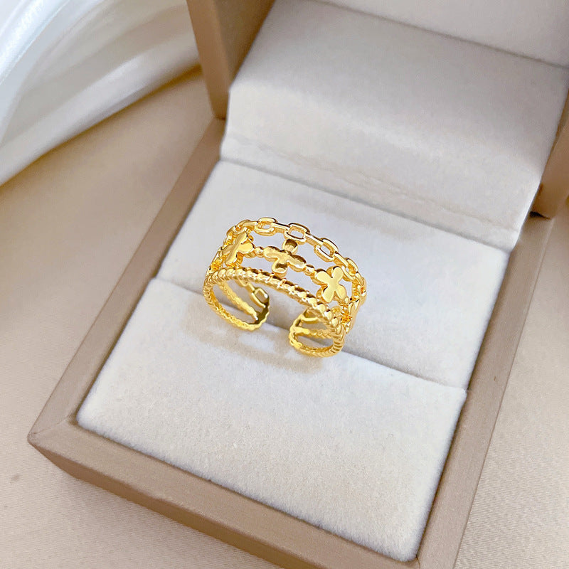 Minimalist Sweet Gold Plated Brass Plant Ring Adjustable Open Band for Couples