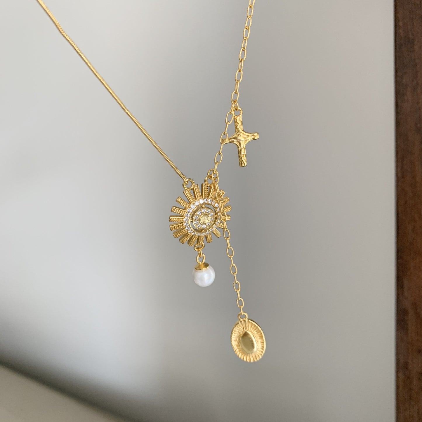 Sweet Geometric Sun Goddess Asymmetric 925 Sterling Silver Plated Necklace with Ball Chain