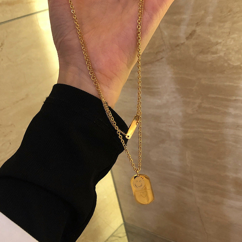 Minimalist Double-Layer Rectangular Cuban Chain Necklace with Smile Pendant for Women