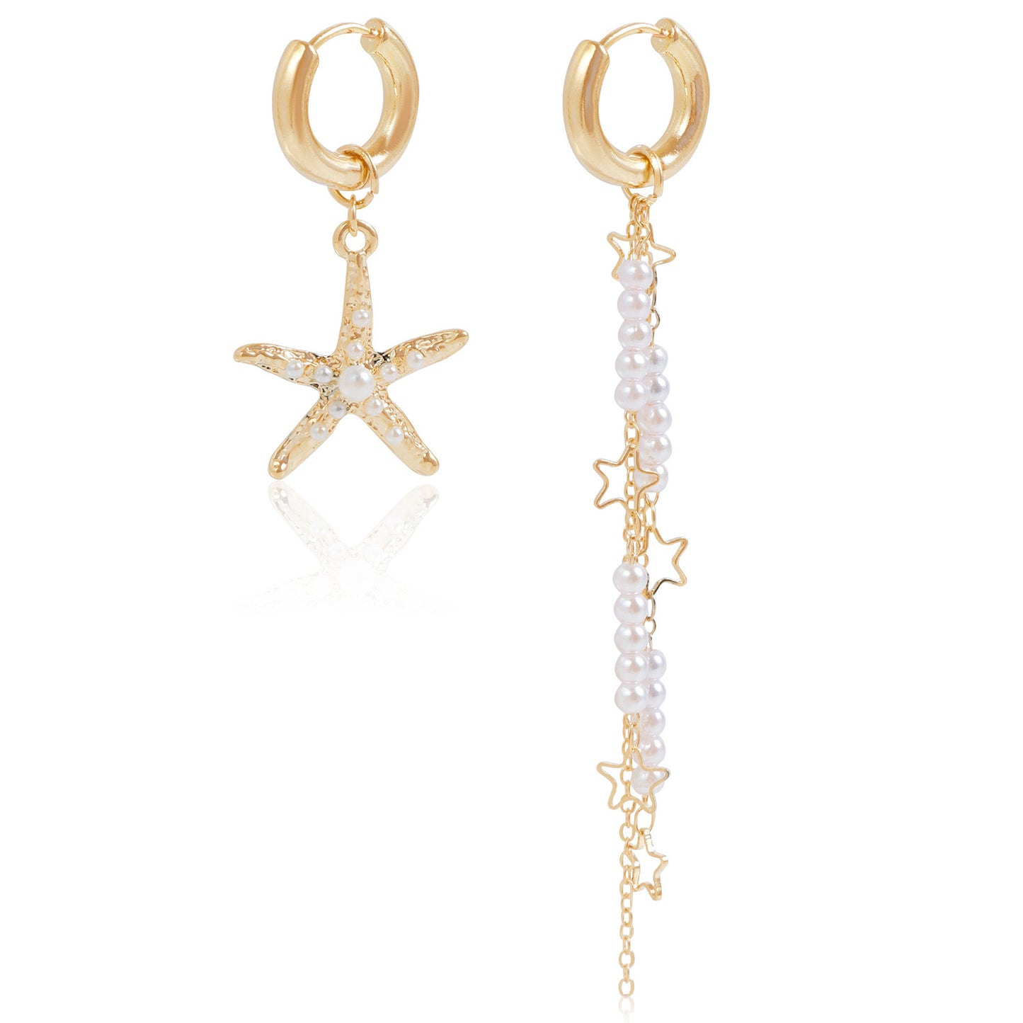 Summer Beach Vacation Style Starfish Tassel Asymmetrical Hoop Earrings for Women with Metal Base and Plated Finish