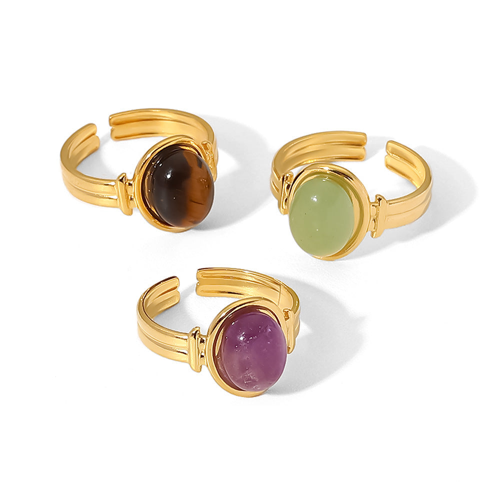 Anello da donna aperto stile Ins geometrico ovale con occhio di tigre verde viola, pietra semipreziosa placcata oro 18 carati