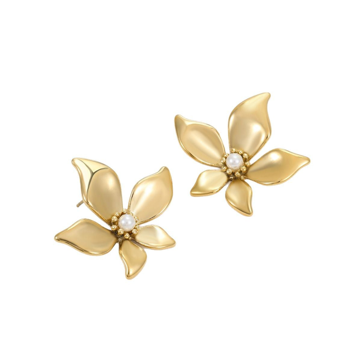 Pendientes de acero inoxidable con forma floral, baño de oro de 18 quilates y detalles de perlas para mujer
