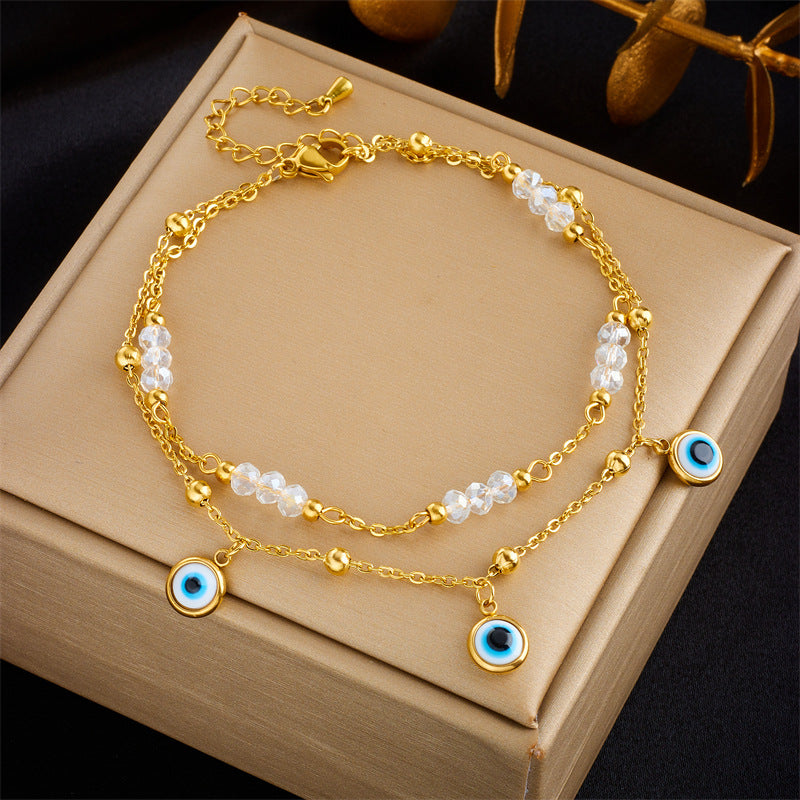 Cavigliera Minimalista Ispirata al Vintage a Doppio Strato con Perle a Cuore e Stella in Strass in Acciaio al Titanio