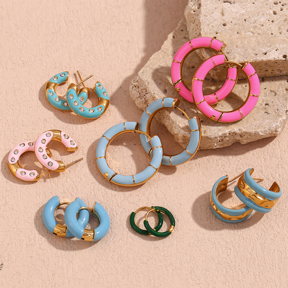 Fashion Geometric Donut Hoop Earrings Stainless Steel 18K Gold Plated Water Wave Enamel for Women