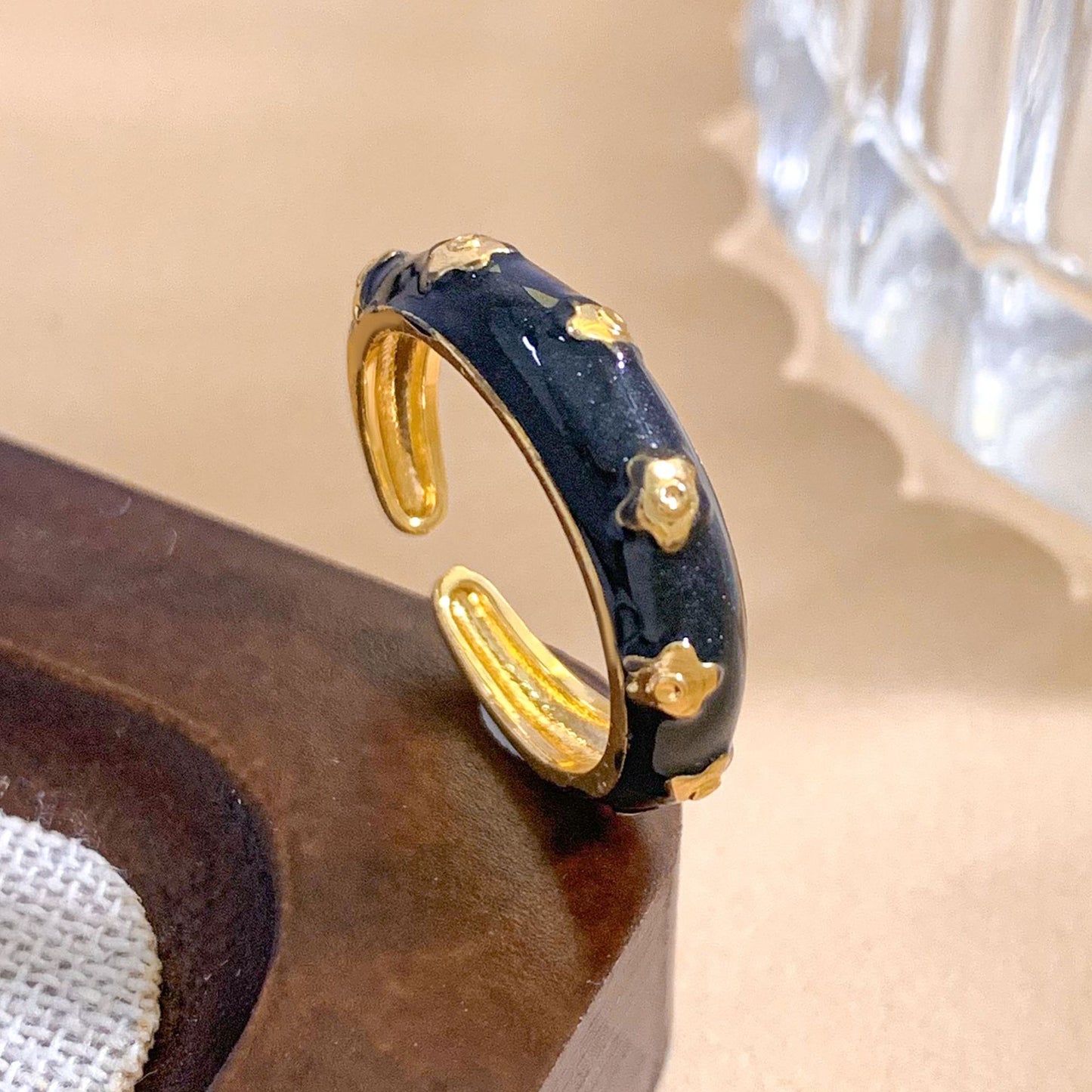 Vintage Sweet Gold Plated Brass Enamel Heart Adjustable Ring for Women