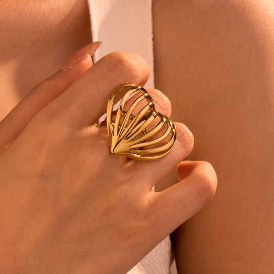 Minimalist Vintage 18K Gold Plated Stainless Steel Hollow Heart Line Ring for Women