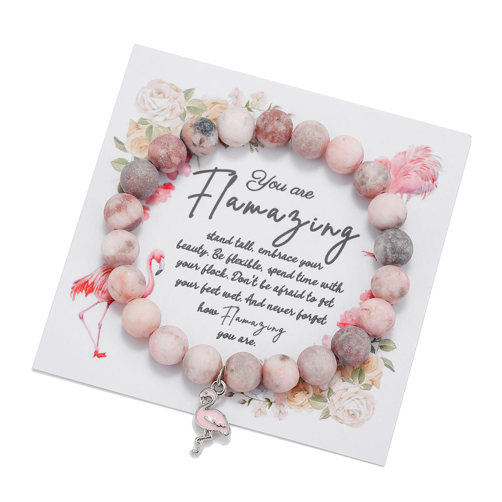 Handmade Round Animal Stone Bracelet for Women with Hummingbird and Flamingo Pendant