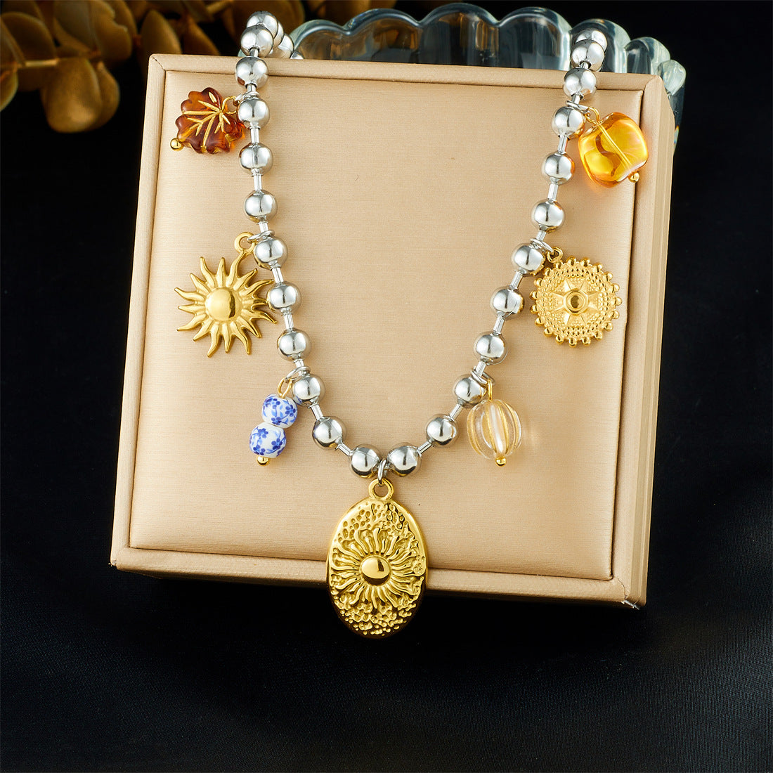 Minimalist Casual Oval Geometric Sun Flower Embossed Stainless Steel Pendant Ball Chain Necklace for Women