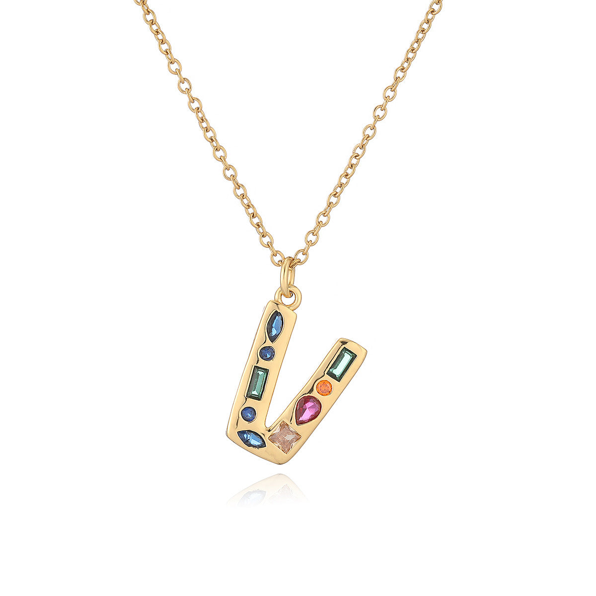 Minimalist Letter Shape Copper Pendant Necklace with 18K Gold Plating and Colored Zircon Inlay for Women