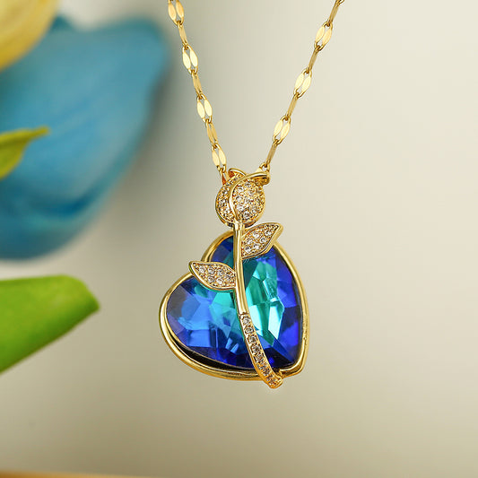 Romantic Rose Flower Shaped Pendant Necklace for Women with Copper Base Plated in 18K Gold and Zircon Accents Ocean Heart Design