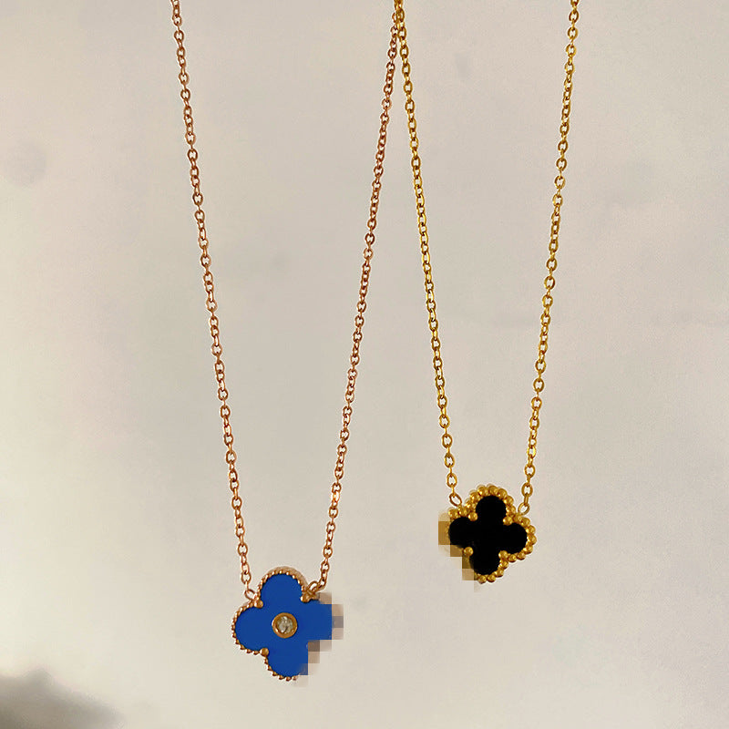 Blue Four-Leaf Clover Titanium Steel Necklace with 18K Gold Plated Double-Sided Black and White Pendant