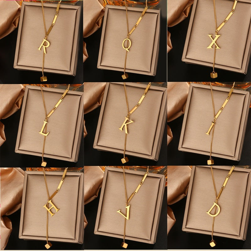 Minimalist Titanium Steel Letter Pendant Necklace with Tassel for Women