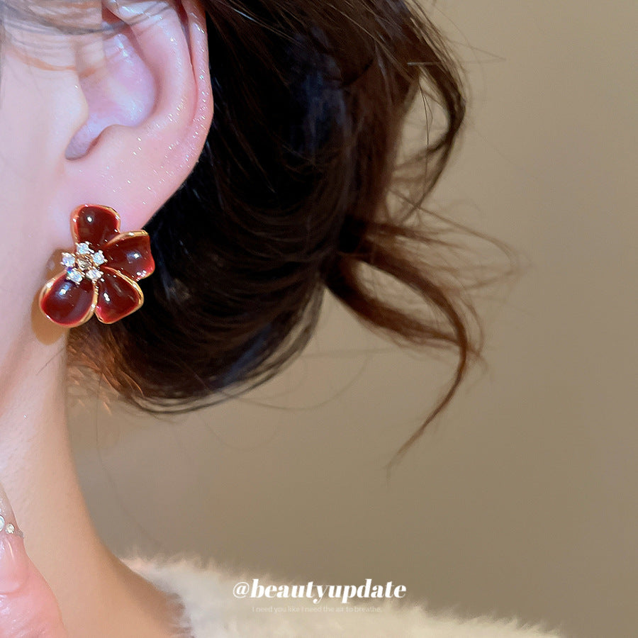 Orecchini pendenti floreali vintage con strass e olio, placcati in oro 18 carati, perni in argento 925, da donna