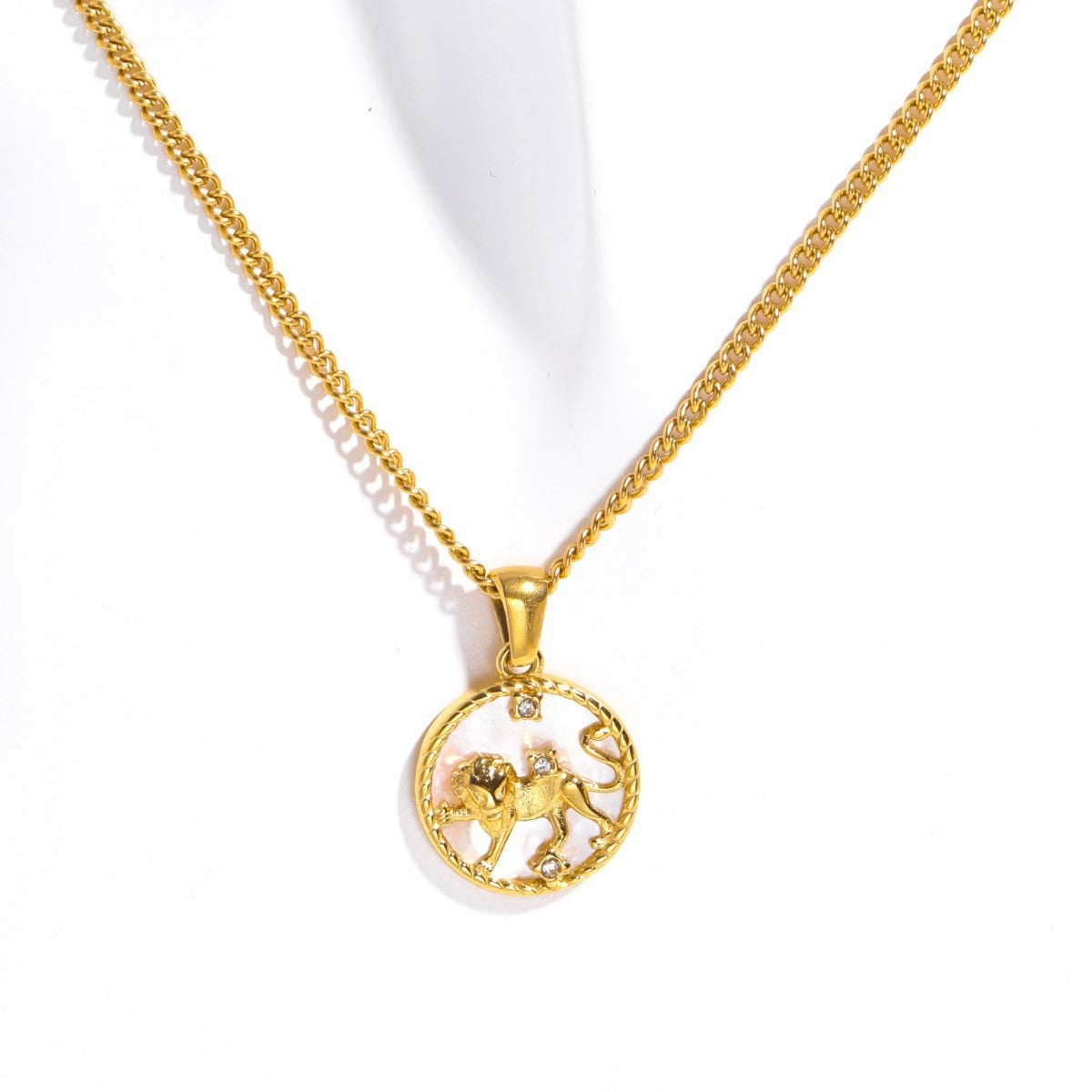 18K Gold Plated Titanium Steel Round Zodiac Coin Necklace PVD Finish Unisex