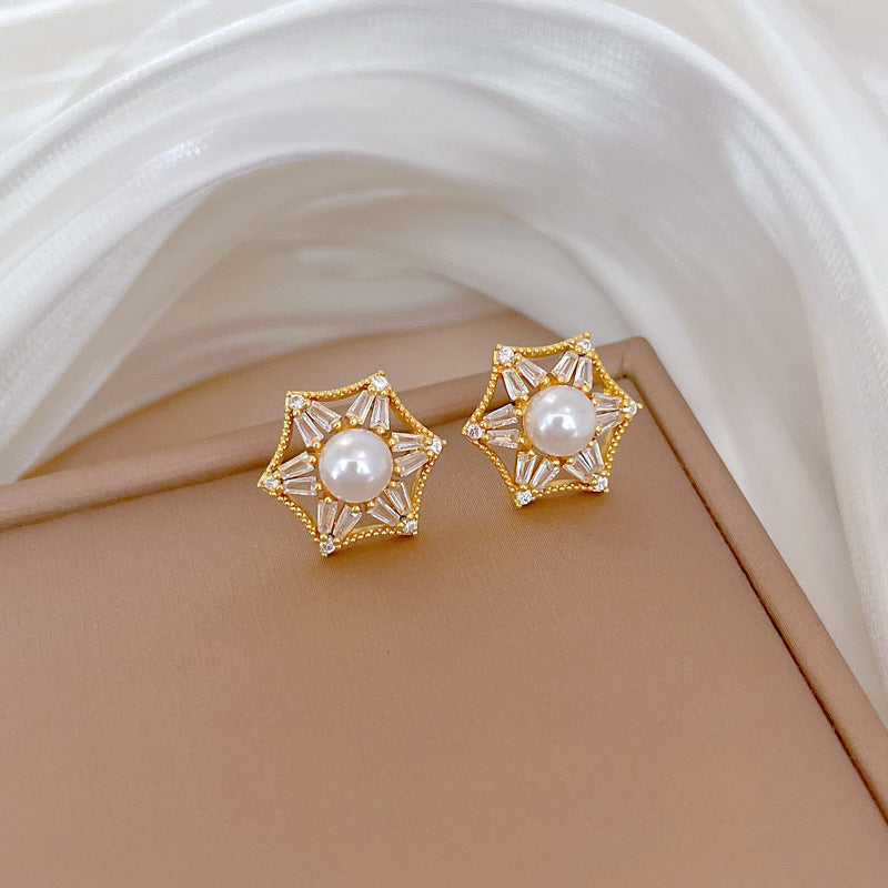 Luxury Titanium Steel Hexagonal Pearl Necklace and Earrings Set with Rhinestone Inlay for Women Formal Events