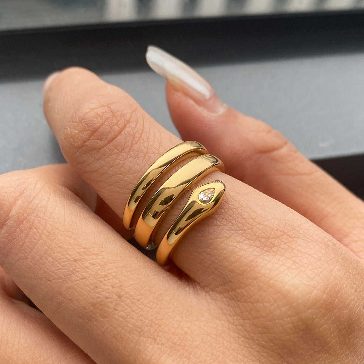Geometric Snake Ring in Titanium Steel with Plating Finish for Women Fashionable Minimalist Jewelry