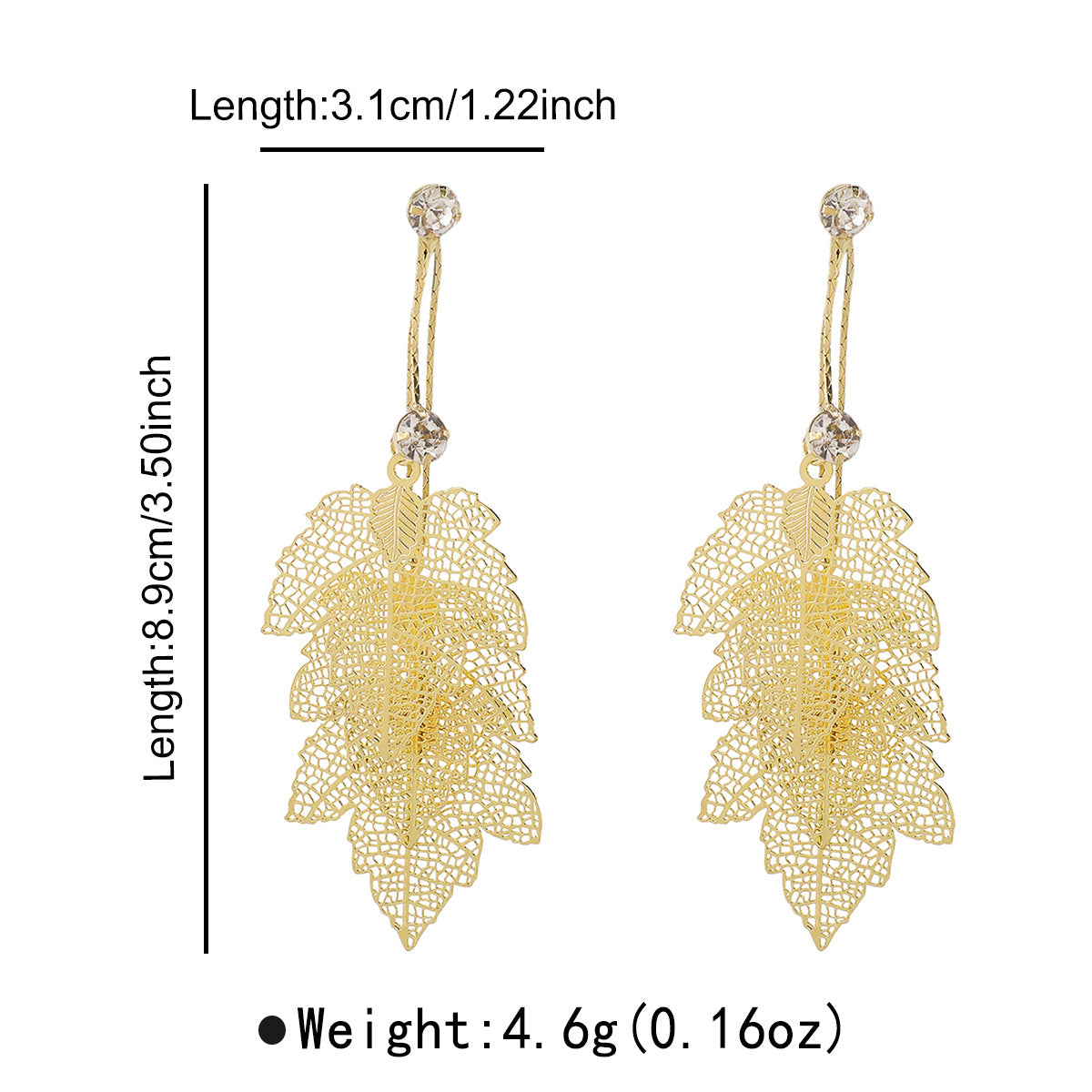 Pendientes Minimalistas Geométricos con Forma de Hoja, Textura Calada, Base de Hierro y Incrustaciones de Pedrería, Acabado Galvanizado para Mujer