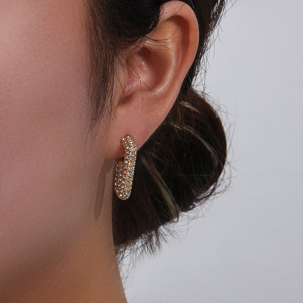 Fashionable Geometric Stainless Steel Hoop Earrings for Women with Plated Finish and Cubic Zirconia Accents