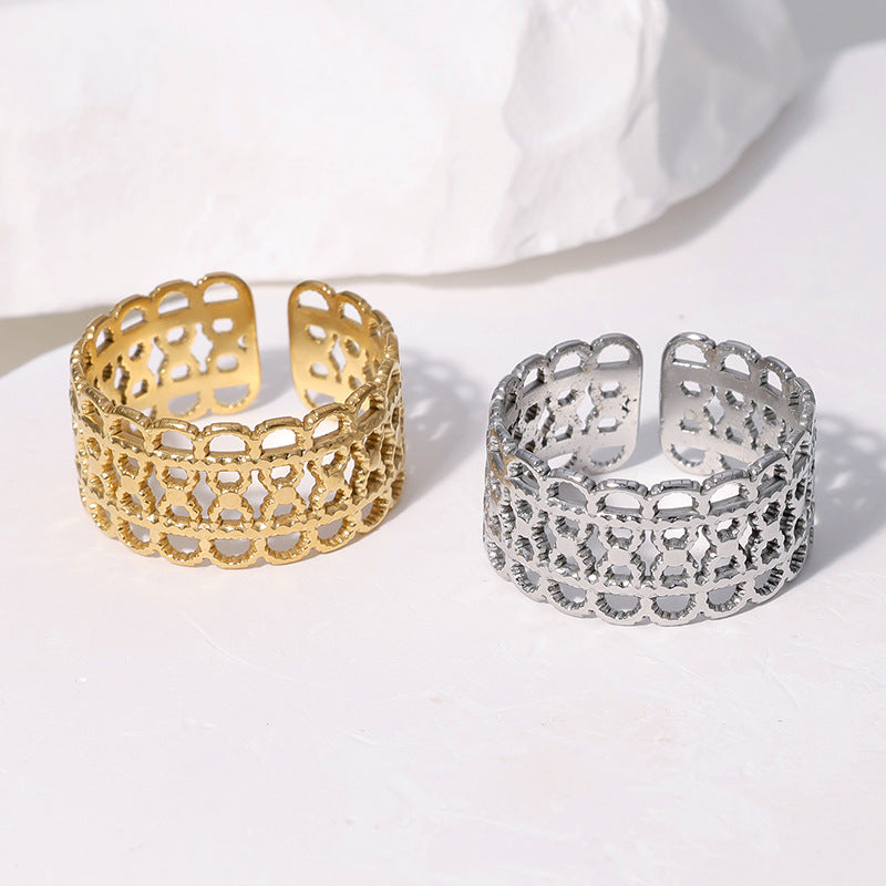 Vintage Geometric Hollow-Out Titanium Steel Ring for Women with Gold Plating and Adjustable Open Band