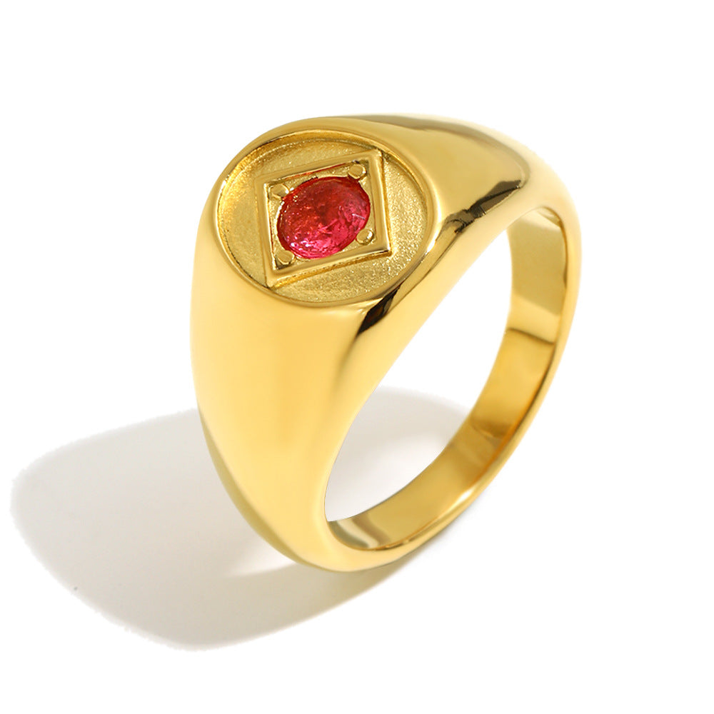 Vintage 18K Gold Plated Geometric Round Stainless Steel Ring with Red Rhinestone for Women