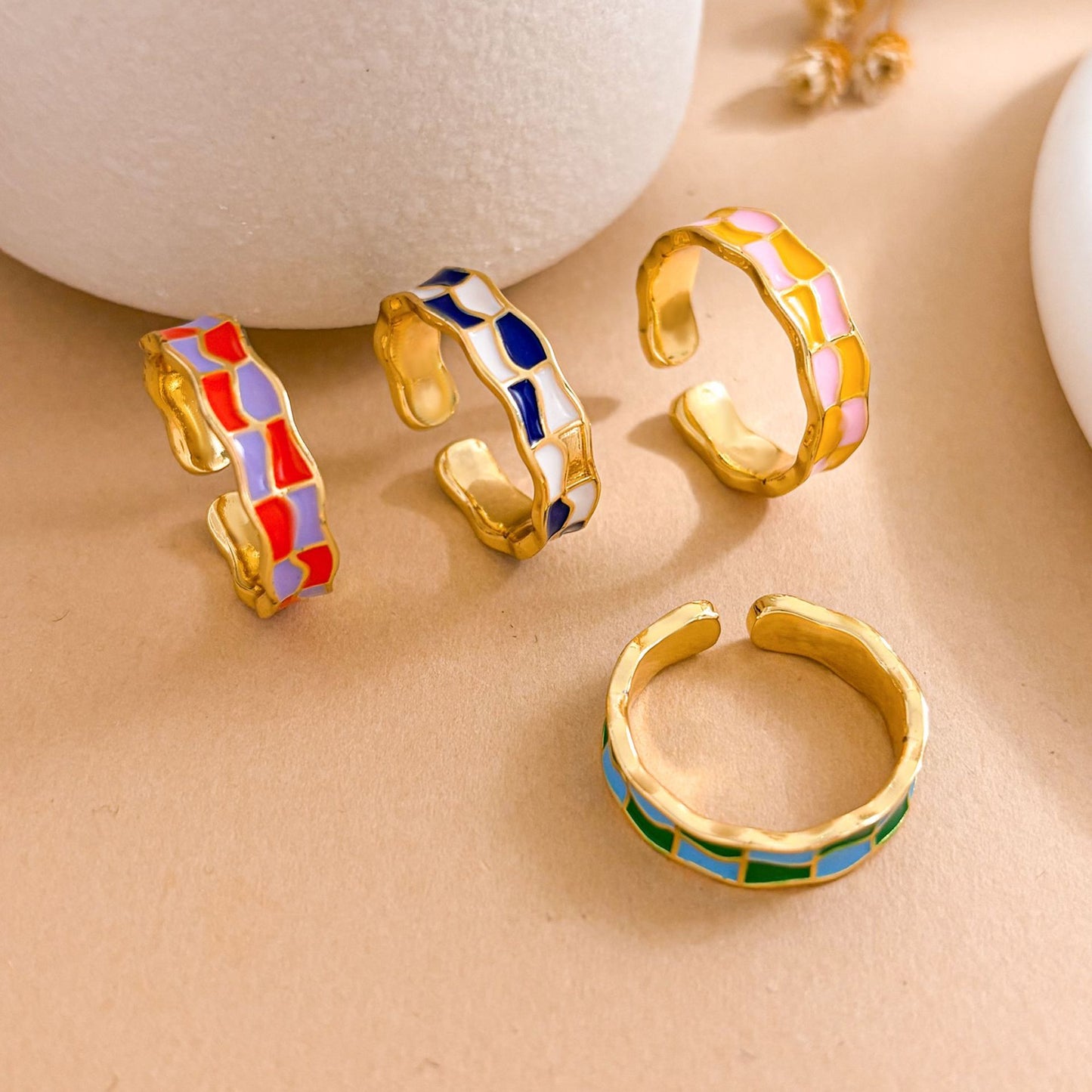 Sweet Checkered Enamel Gold Plated Brass Geometric Open Ring for Women