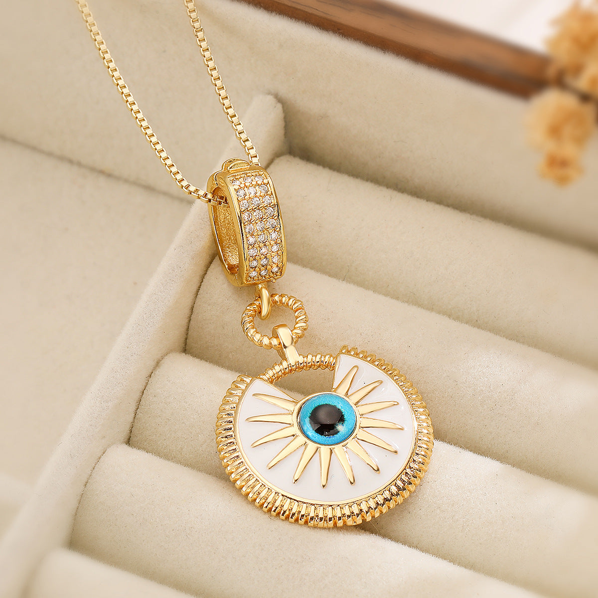Vintage Geometric Gold Plated Brass Drip Oil Cubic Zirconia Evil Eye Pendant Necklace for Women