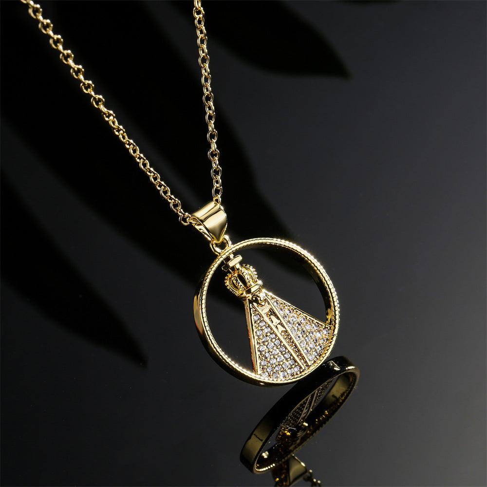Geometric Pendant Necklace in Copper with Rhinestone Inlay and Gold Plating