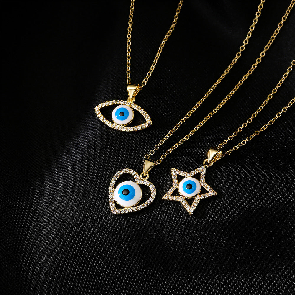 18K Gold Plated Brass Heart Star Evil Eye Pendant Necklace with Cubic Zirconia Inlay on Cable Chain