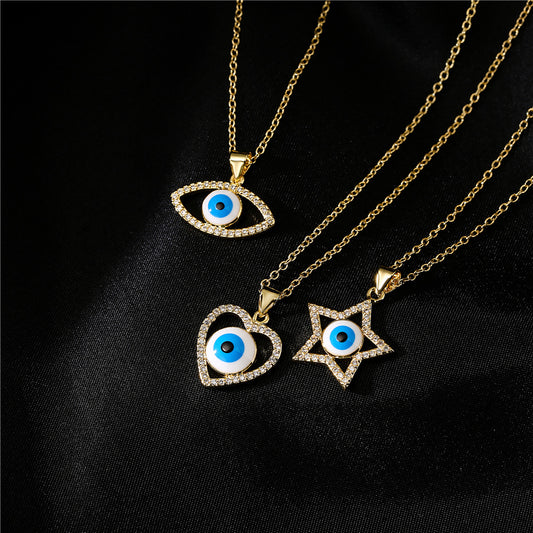 18K Gold Plated Brass Heart Star Evil Eye Pendant Necklace with Cubic Zirconia Inlay on Cable Chain