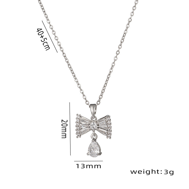 Minimalist Bow-Shaped Titanium Steel Necklace with Rhinestone Inlay for Women, O-Chain Locket Style Pendant