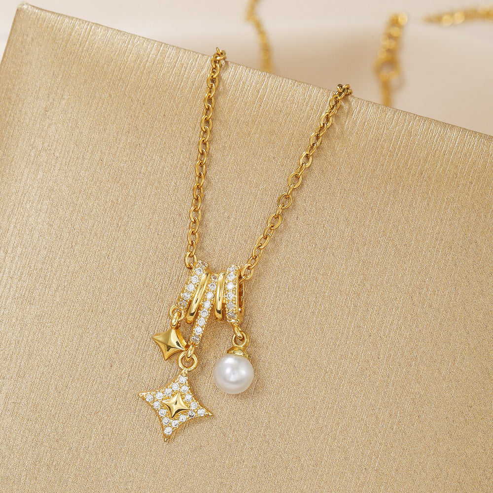 Luxury Heart Geometric Brass Cubic Zirconia Pearl Pendant Necklace for Women