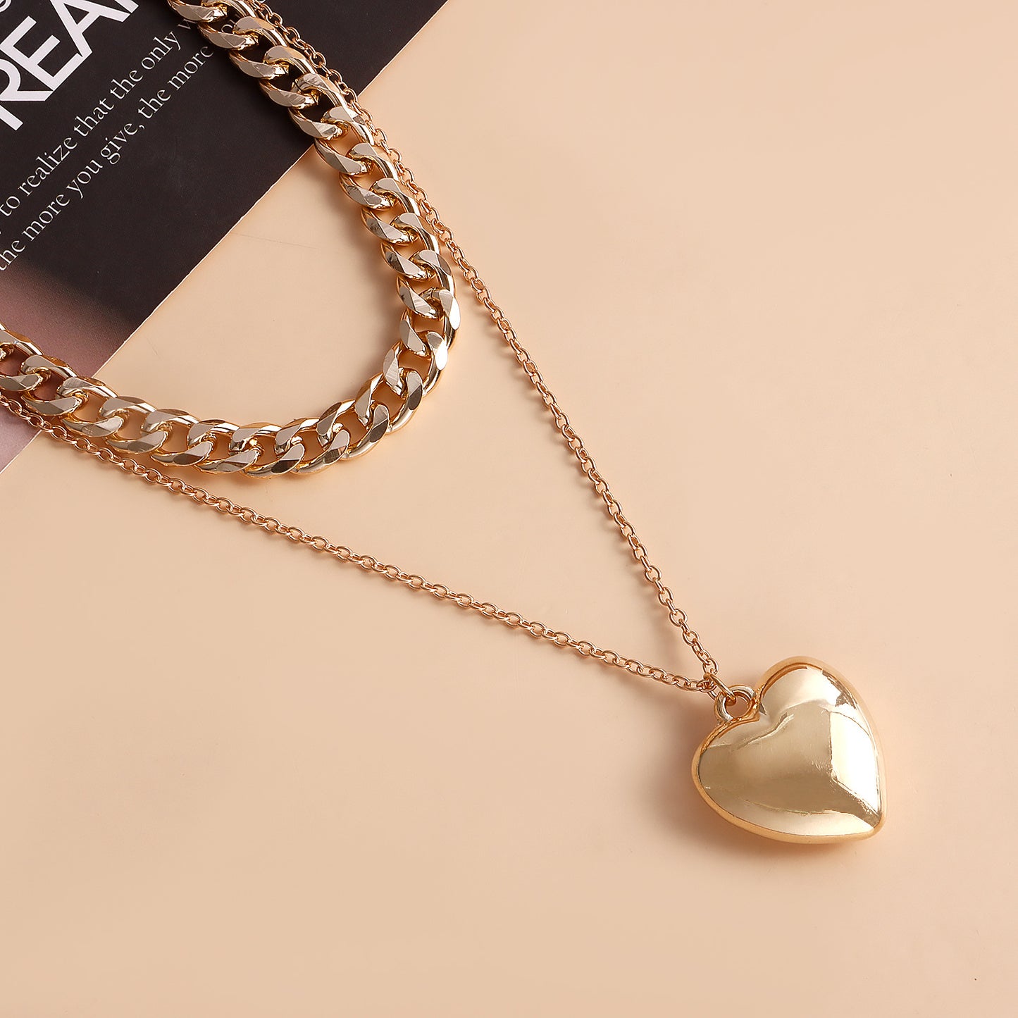 Minimalist Geometric Double-Layer Choker Necklace with Large Heart Pendant in Alloy with Plated Finish for Women