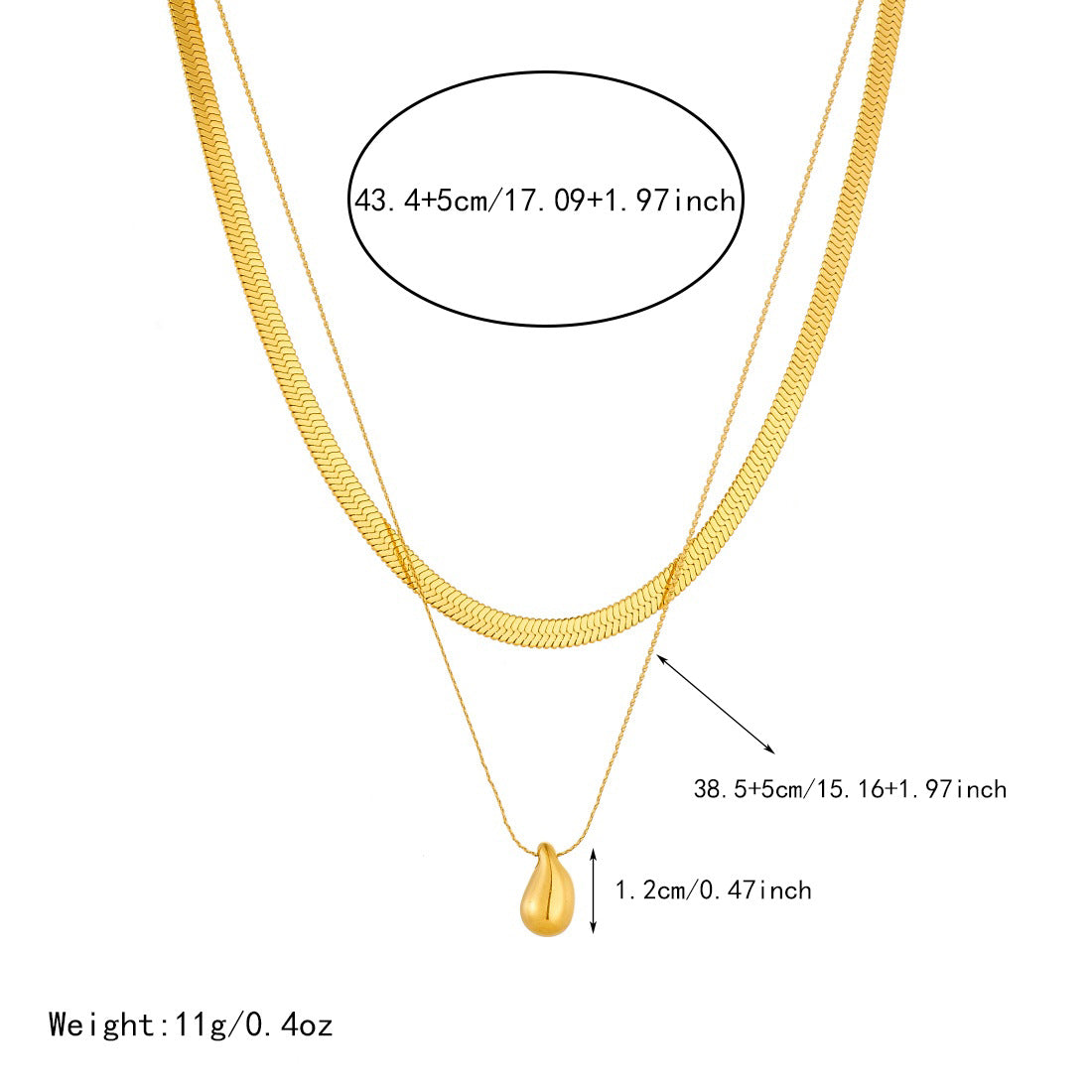 Double Layer Gold Plated Stainless Steel Snake Chain Necklace with Teardrop Pendant