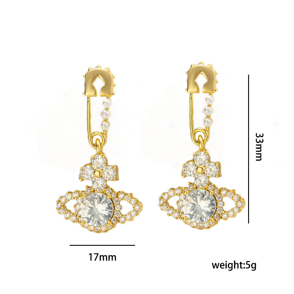 Luxury Geometric Saturn Stud Earrings for Women with Gold-Plated Copper Base and Zirconia Accents