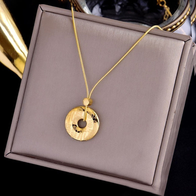 Chinese Style Feng Shui Fu Character Geometric Pendant Necklace in Titanium Steel with 18K Gold Plating for Women