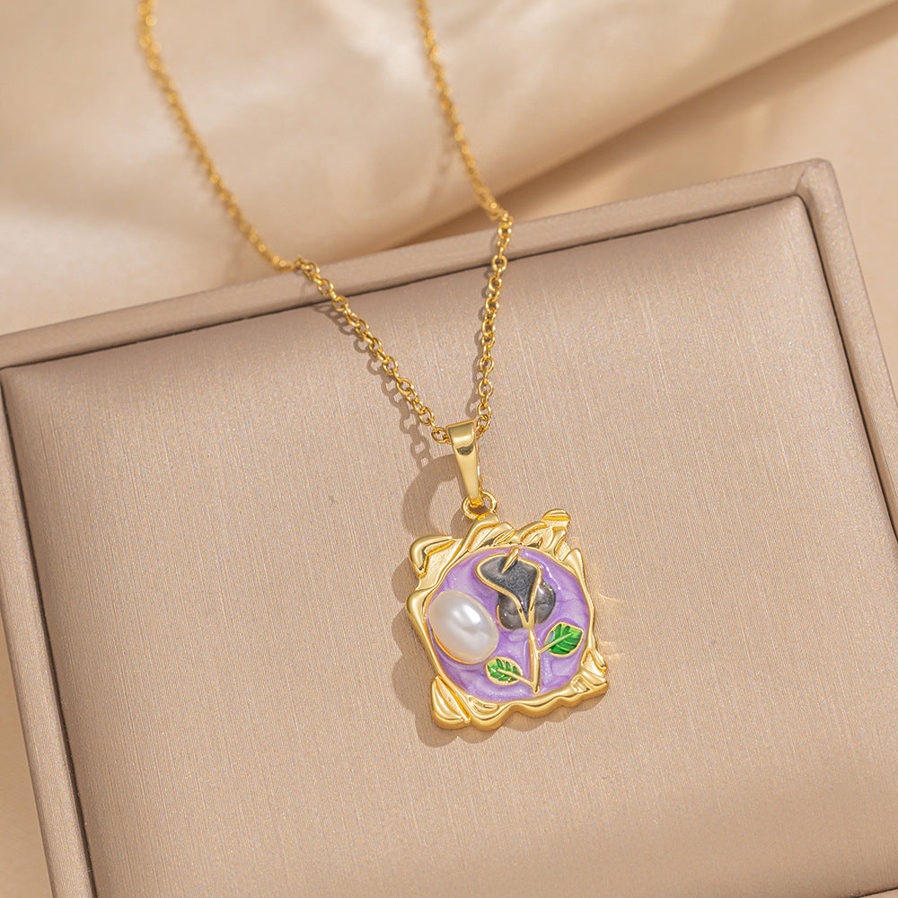 Elegant French Vintage Enamel Tulip Pendant Necklace in Titanium Steel with Gold Inlay on O-Chain for Women