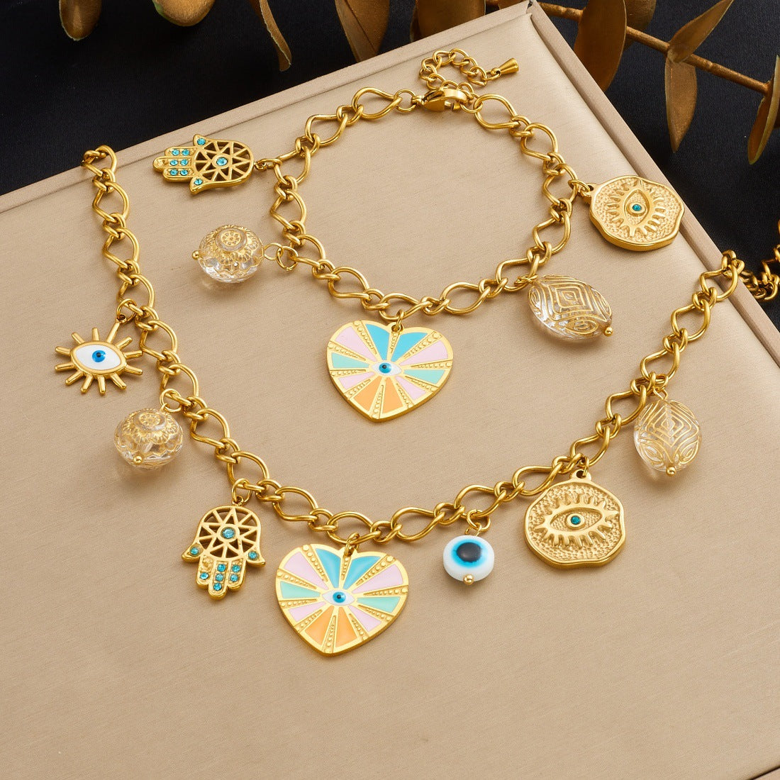 Sweet Candy Color Drip Oil Heart Geometric Eye Hand Stainless Steel Plated Necklace and Bracelet Set with Cable Chain for Women