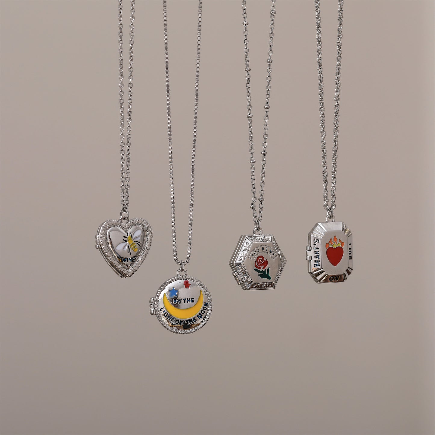 Y2K Style Moon and Rose Pendant Necklace for Women with Enamel Detailing on Copper Base Geometric Design