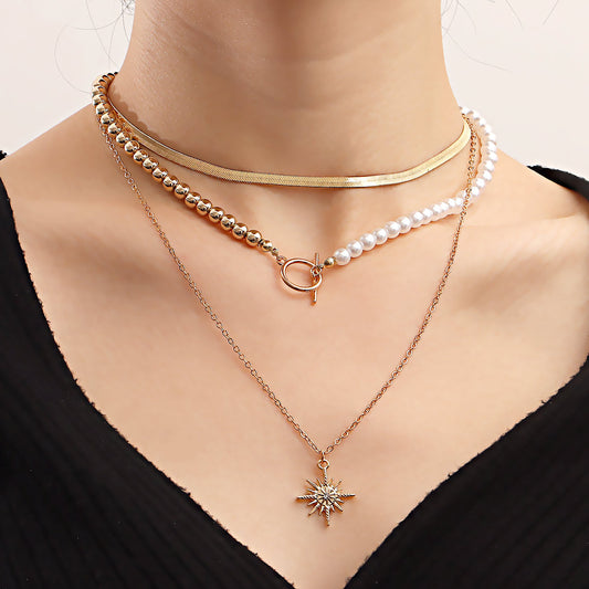 Collar de aleación con hexagrama geométrico vintage para mujer, con acabado chapado, estilo cadena de serpiente plana con perlas.