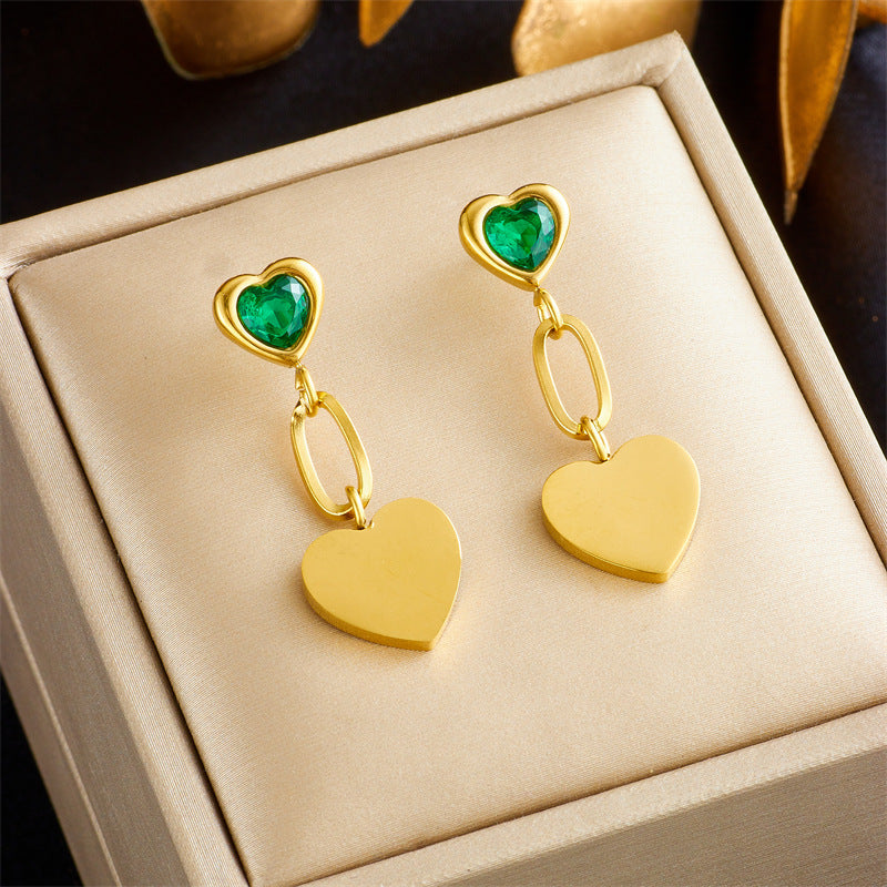 Minimalist Vintage Heart-Shaped Titanium Steel Gold-Plated Pendant Earrings with Rhinestone Inlay
